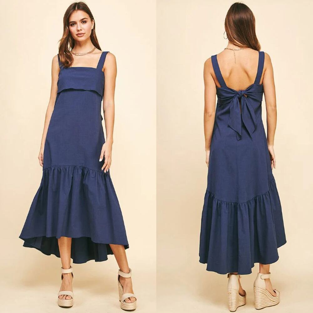 Pinch Womens Ruffled Tiered Hi-Lo‎ Maxi Dress Size Medium Navy Blue Boho Cottage